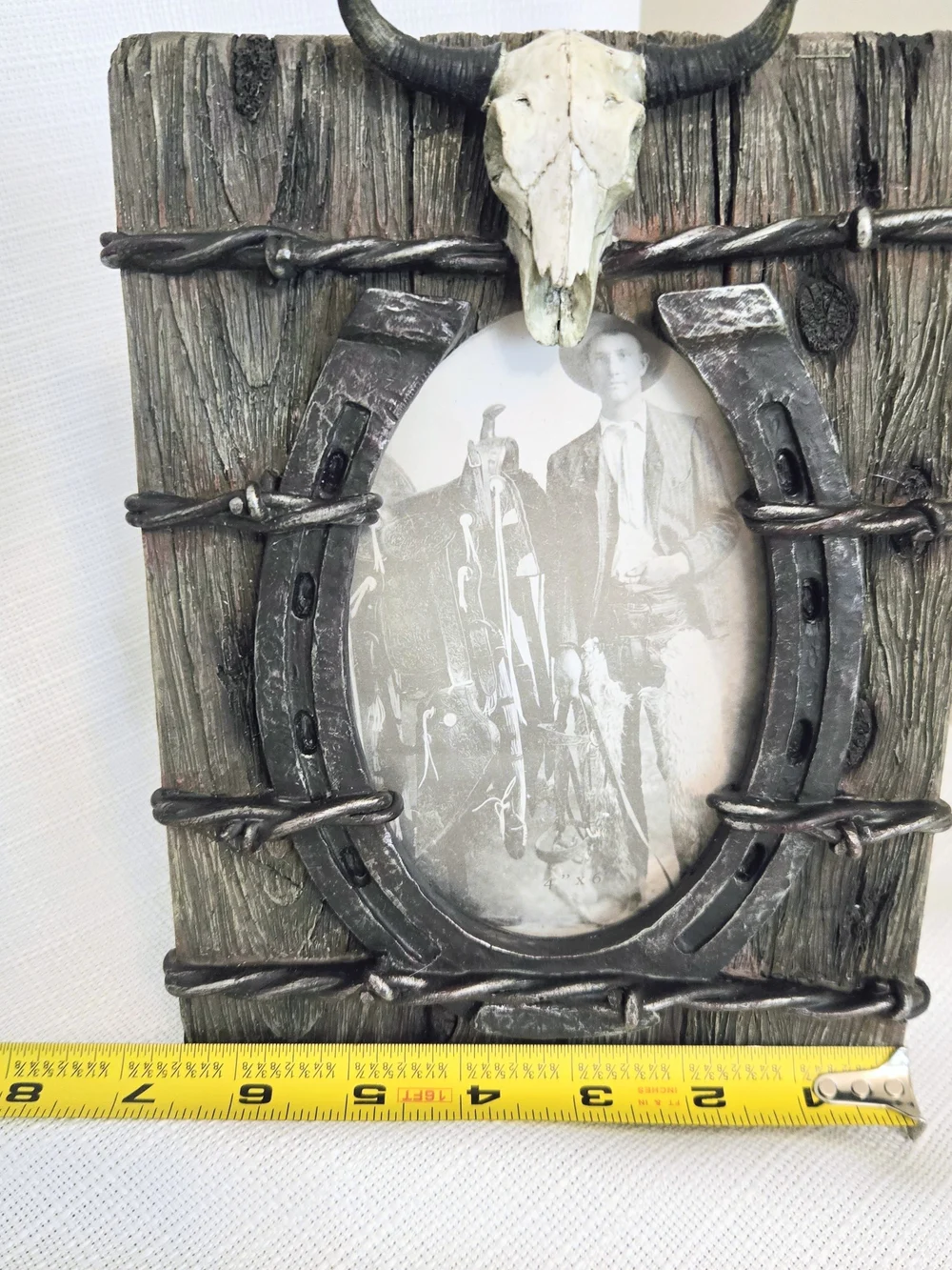 Good Luck Horseshoe Picture Frame Barb Wire Skull Rustic Weathered Look Western